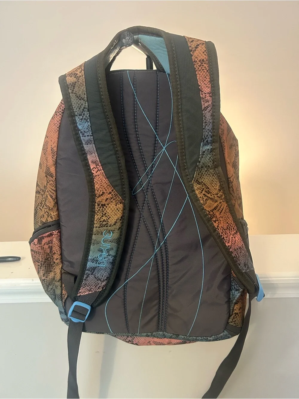 Dakine Rainbow Snake-Print Backpack in Blue, Green, Orange and Pink